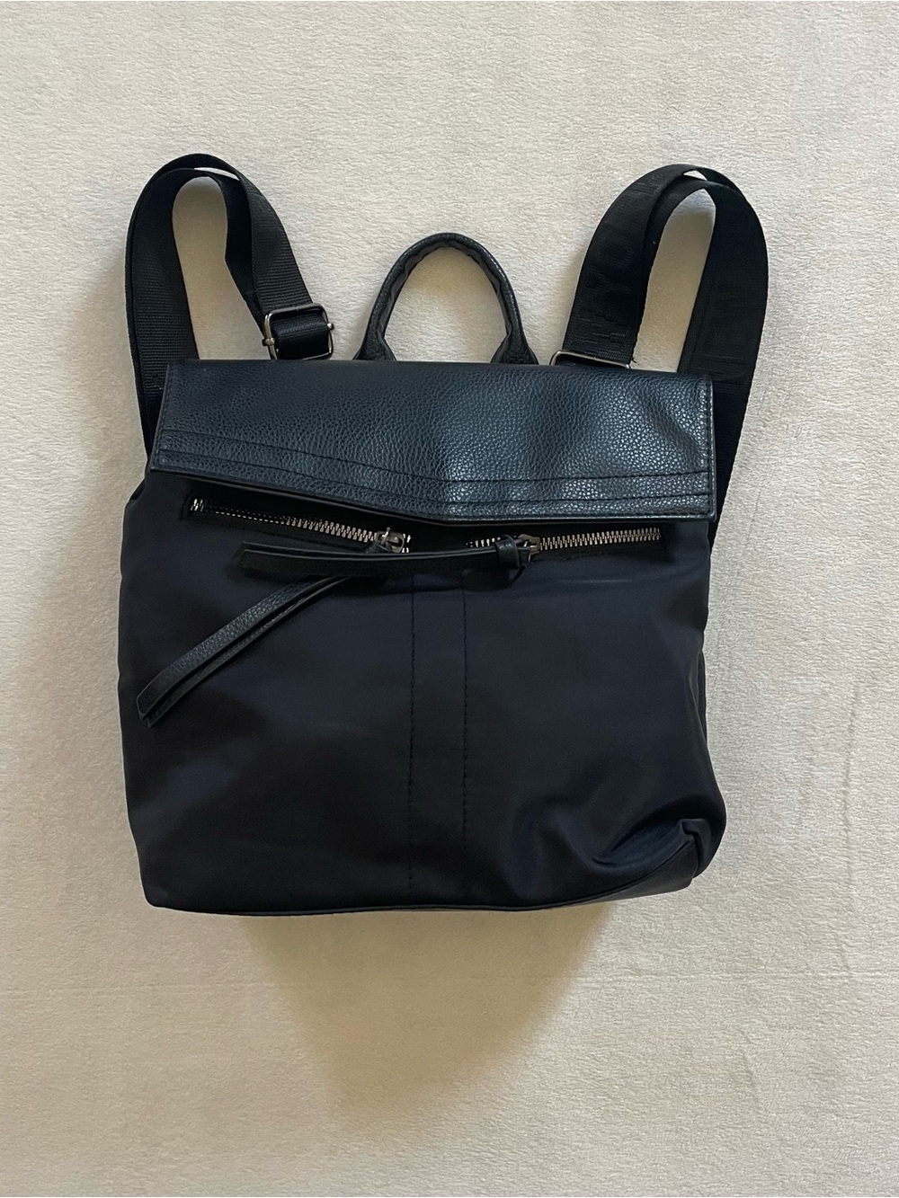 Botkier Black Nylon & Leather Fold-Top Backpack